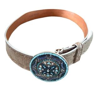 Nine West Painted Leather Belt Gem Studded Beaded Buckle Size Medium